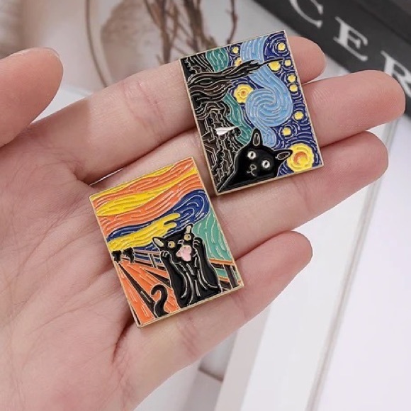 Van Gogh Cats Enamel Metal Pin The Starry Night Painting Parody Black Cat Brooch - Picture 6 of 9